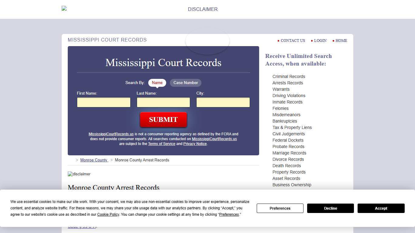 Monroe County Arrest Records MississippiCourtRecords.us